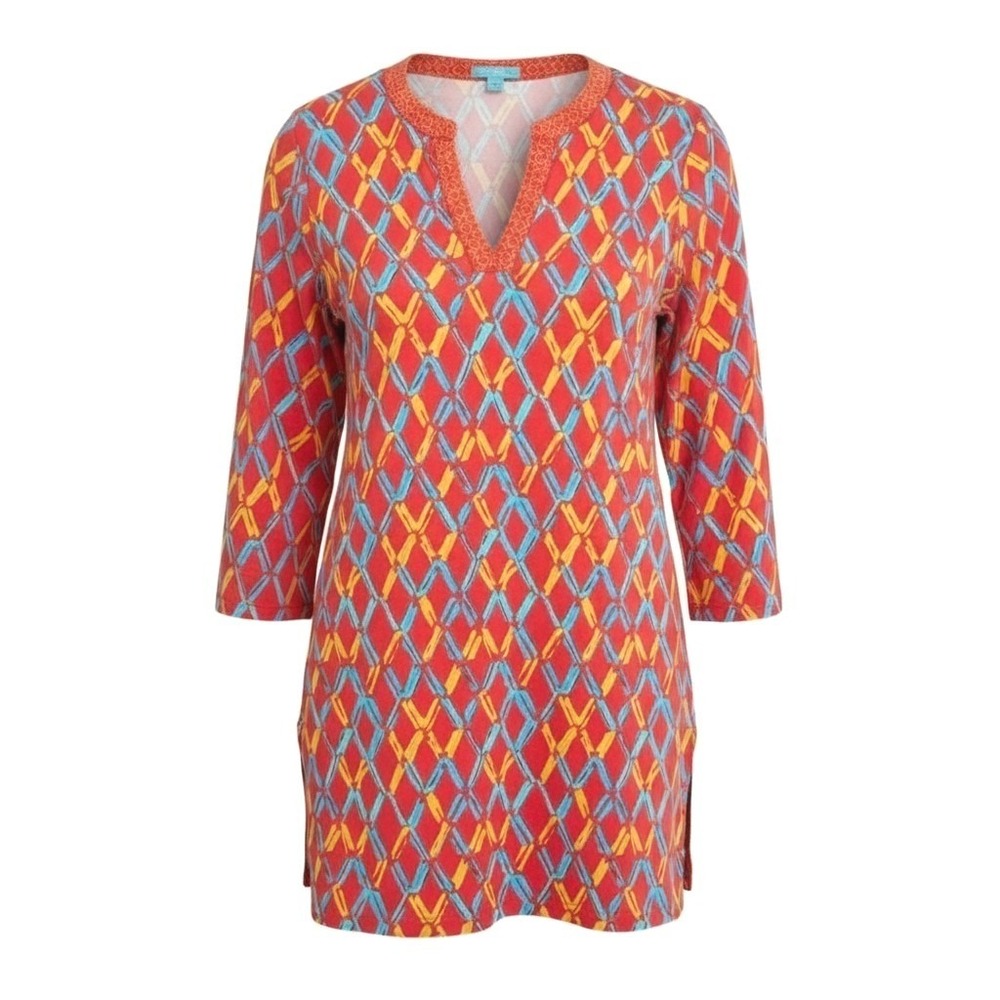 J McLaughlin Red Diamond Print Long Tunic Top Shirt M Quarter Sleeve Resort Wear
